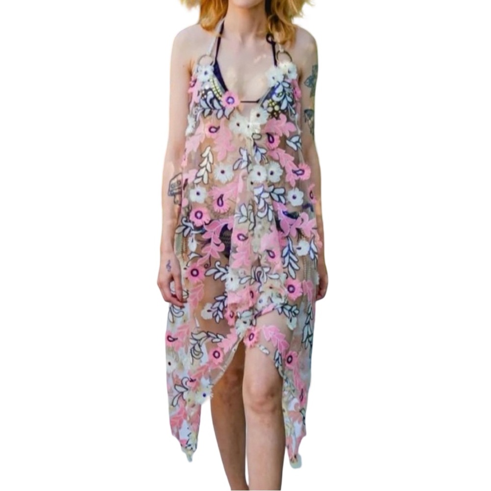 POP Saint Barth Luxury Bohemian Beach dress coverup 🌸 flower appliqué sequins